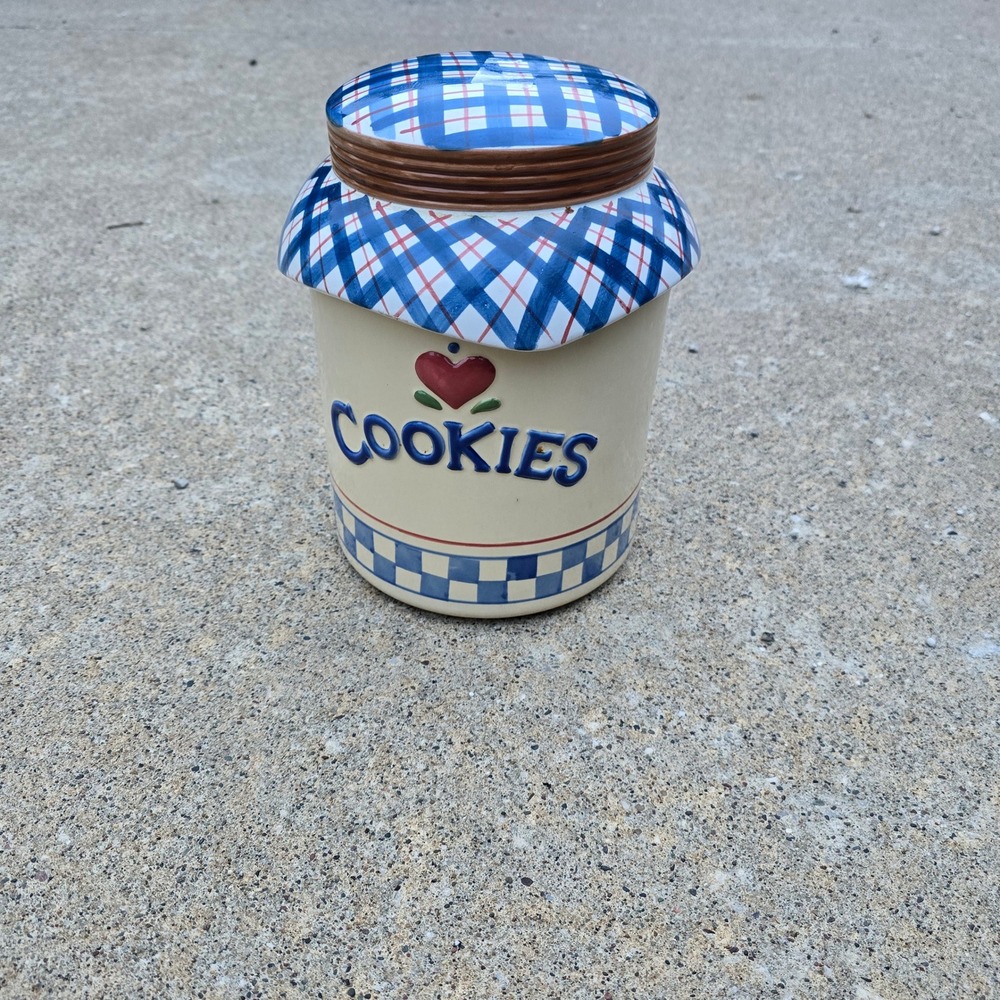 Susan Winget CIC Ceramic Cookie Jar Blue Plaid Checkered Heart Cottagecore